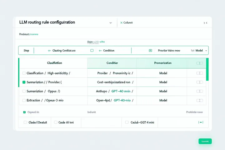 Blocks LLM routing configuration showing multi-provider model selection with routing rules